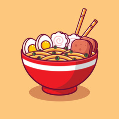 A bowl of delicious ramen with chopstick cartoon illustration