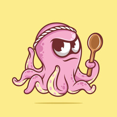 Cute pink octopus chef with spoon cartoon vector