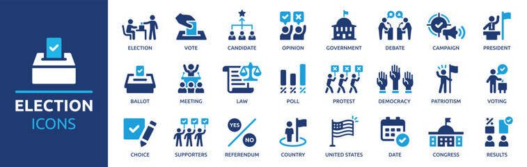 Election and voting icon set. Containing democracy, vote, government, voting, campaign, political, voter, ballot, candidate and president icons. Solid icons vector collection. - obrazy, fototapety, plakaty