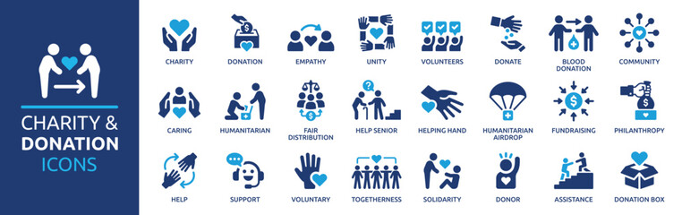 Charity and Donation icon set. Help, volunteer, donated, assistance, sharing and solidarity symbol. Solid icons vector collection.