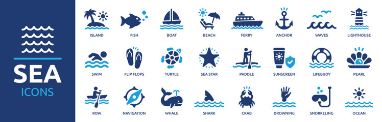 Sea and summer vacation icon set. Tourism symbol. Outdoor activities and marine life concept. Solid icons vector collection. © Icons-Studio