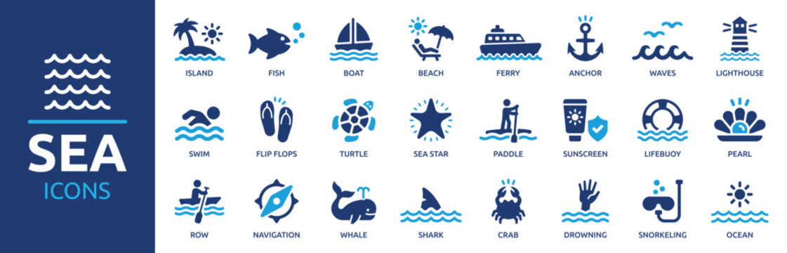 Sea and summer vacation icon set. Tourism symbol. Outdoor activities and marine life concept. Solid icons vector collection.