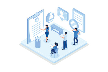 Obraz na płótnie Canvas Hr manager presenting potential job candidate. Recruitment process. Human resource management and hiring concept, isometric vector modern illustration