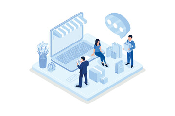 Obraz na płótnie Canvas Character buying goods online on internet marketplace. Woman shopping online on laptop. Shopping and retail concept, isometric vector modern illustration
