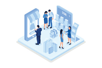 Obraz na płótnie Canvas Character buying goods online on internet marketplace. Woman shopping online in mobile app. Shopping and retail concept, isometric vector modern illustration