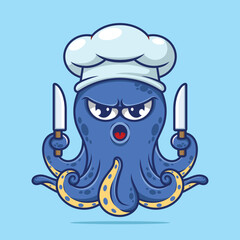 Cute octopus chef holding knife wearing chef hat cartoon vector