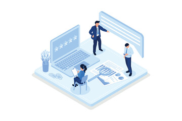 Character pointing on survey form with five star positive customer review. Online feedback, survey or review concept, isometric vector modern illustration
