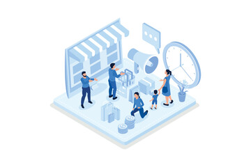 Character Shopping Online at Laptop, Making Order and Paying with Smartphone. Social Media Promotion. Digital Marketing and E-Commerce Concept, isometric vector modern illustration
