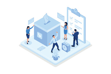 Obraz na płótnie Canvas People Characters Putting Ballot Into Voting Box. Women and Men Choosing Candidate at Vote Polling Station. Election Campaign and Referendum Concept, isometric vector modern illustration
