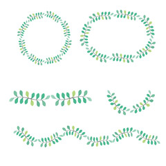 Vector olive leaf arranged variety shape of the wreath decorative element set, Floral Frame green tone . Border, frame isolated, editable illustration. Perfect for wedding invitations and birthday car