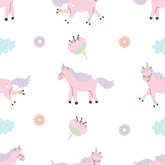 Seamless pattern with cute pink unicorn, clouds and flowers. Vector illustration