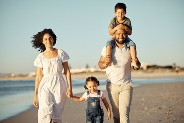 Happy, beach and walking with family at sunset on holiday for love, summer and travel together....