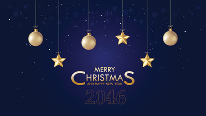 Fototapeta premium Christmas ornament golden balls and stars on blue gradient background.