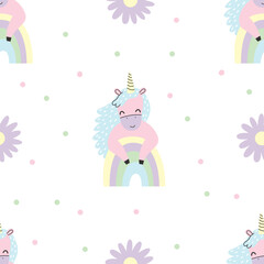 Obraz na płótnie Canvas Seamless pattern with cute pink unicorn, rainbow and flower. Vector illustration