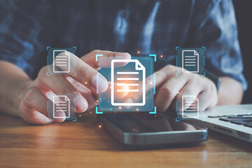 Hand with document icons and typing to laptop computer, Online documentation database and document management system concept. Process automation to efficiently manage files.