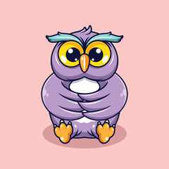 Cute baby owl reading a book with serious face cartoon illustration