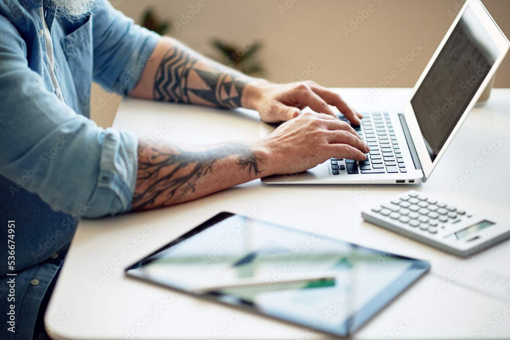 Poster accounting planning, email laptop and man typing a corporate proposal at a desk, networking on the i