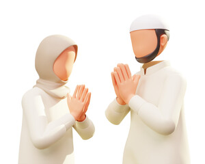3D Render A Muslim wife is apologizing to her husband on Eid Al-Fitr on brown background. - obrazy, fototapety, plakaty