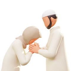 3D Render A Muslim wife is apologizing to her husband on Eid Al-Fitr on brown background. - obrazy, fototapety, plakaty