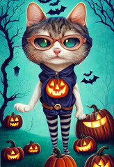 Cute halloween cat illustration with Halloween pumpkins. Cat with big eyes wearing halloween suit. Anthropomorphic cut cat with Halloween pumpkin.