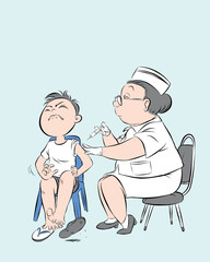 Doctor holding syringe and making a vaccination in the shoulder of child patient in hospital. vector illustration isolated cartoon hand drawn