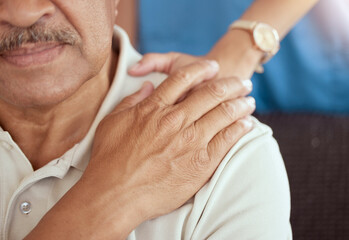 Senior man, caregiver and hands on shoulder for support, trust and empathy at retirement or nursing...