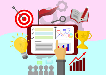 Work success business management concept. Vector illustration of goals achievement, business strategy daily task, work organization, key to success, planning teamwork.