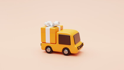 Delivery truck with Gift Box present surprise or free shipping fast delivery car deliver express delivery transportation logistics concept background 3d rendering illustration