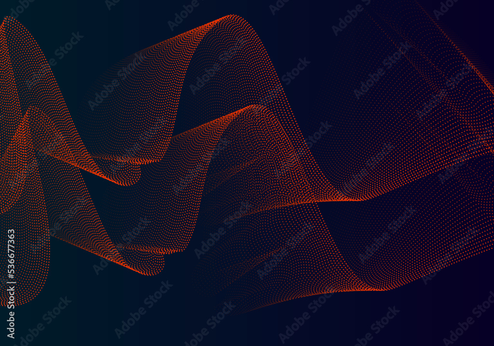 Poster abstract particles overlap multiple layers of orange dots from dark to light. in waves on a gradient