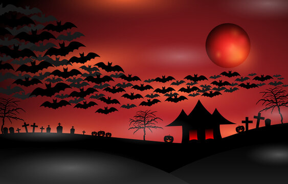 Halloween background with scary pumpkins, haunted house, tombstones, crosses, gravestones, spooky trees, flying bats and blood full moon. Black silhouettes horror Halloween concept.