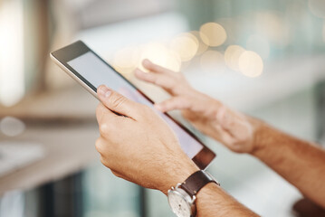 Hands, tablet and social media man search, communication and chat on online web, digital tech internet app. Person connected to 5g internet wifi network send and receive IOT mobile sms text message