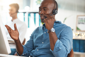 Black businessman call center conversation in office, working at help desk online telemarketing...