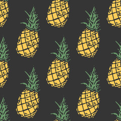 Seamless pineapple pattern. Doodle vector with yellow ananas. Vintage pineapple pattern
