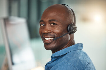 Telemarketing customer service, happy black man and communication in digital transformation...