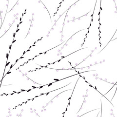 Twigs with seed pods and pink berries on a white background. Seamless vector pattern.