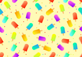Seamless vector background set popsicle sticks of many flavors, many colors, to be filled with fruit-flavored sticks on a stick. Sweet and succulent taste to cool off on a hot day.