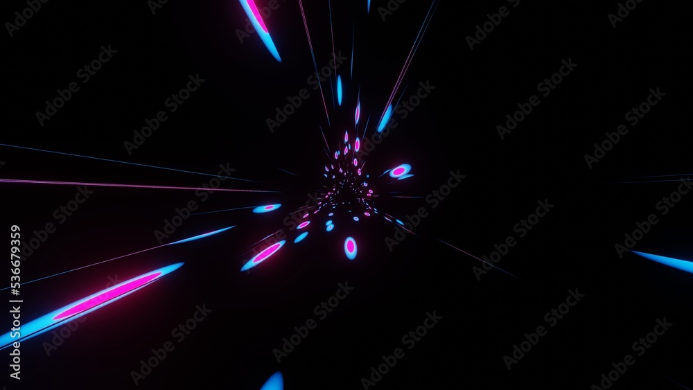 Wall mural 3d illustration of colorful light trailing effect inside a rectangular tunnel. beautiful seamless lo