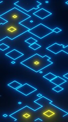 3D illustration phone background of blue and yellow color neon light effect created with random shapes with lines. Beautiful seamless loop animation for the stage show.	