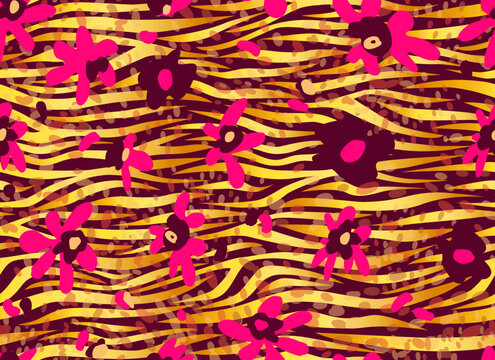 Zebra and flowers abstract seamless pattern. Golden stripes, repeating background. Vector printing for fabrics and paper. 