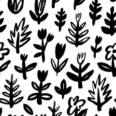Floral seamless pattern in small wild flowers. Vector wild flowers and plants. Hand drawn black botanical ornament. Herbal and meadow plants, field motif. Brush drawn small branches and stems.
