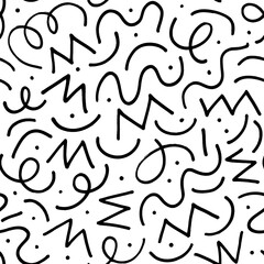 Geometric vector seamless pattern in Memphis style with thin curved and zig zag lines, dots. Black and white doodle texture. Retro fashion style 80-90s. Hand drawn ornament with thin brush strokes.