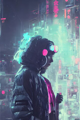 portrait of a woman with neon lights - cyberpunk - futuristic - decorated with traditional Japanese ornaments - concept art - illustration - painting - synthwave style