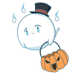 Cute ghost character holding pumpkin bucket.