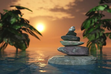 pyramid of stones over water at sunset, 3d rendering
