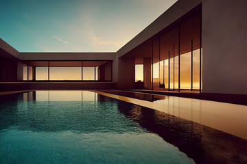 Ultra wide angle view of a modern villa and a luxurious infinity pool with a sunset reflection, residential architecture, photorealistic illustration