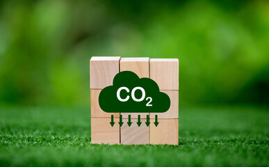 Net zero greenhouse gas emissions reduction with carbon credit concept. Reduce carbon dioxide e.g. renewable energy production improve the efficiency of transportation reduce environmental pollution.