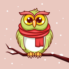 cute owl wearing a scarf on a tree branch in winter