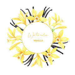 Obraz premium Watercolor yellow vanilla flowers and dried sticks. Round frame with hand drawn iIllustration of blooming orchids. Tropical flora ingredient for recipe, label, packaging design.