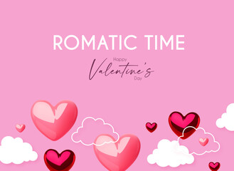 Happy Valentine's day design template with 3D glossy hearts flying in clous.