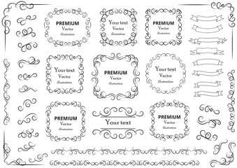 Calligraphic design elements . Decorative swirls or scrolls, vintage frames , flourishes, labels and dividers. Retro illustration